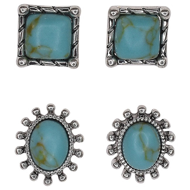 Justin 2 Pair Square and Oval Turquoise Earrings 24026EJ1