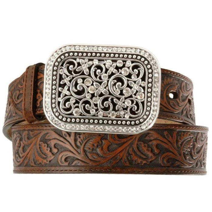 Ariat Tooled Brown Leather Belt with Filigree Silver Buckle Ariat Filigree Tooled Dark Brown Leather Belt – Rustic Soul main image 2