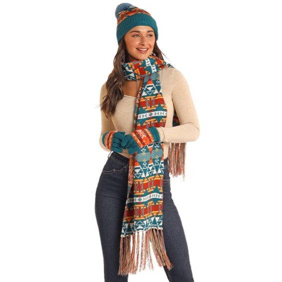 Rock & Roll Southwest Print Teal Scarf Set BU47X05633