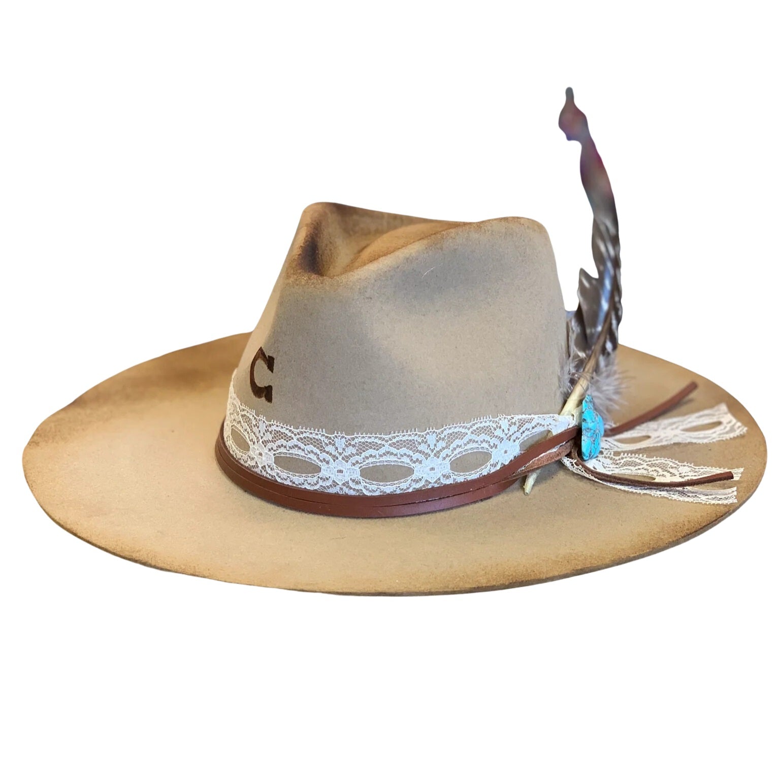 Charlie 1 Horse Cowboy Hat straw with leather 2024 and feathers good condition size L