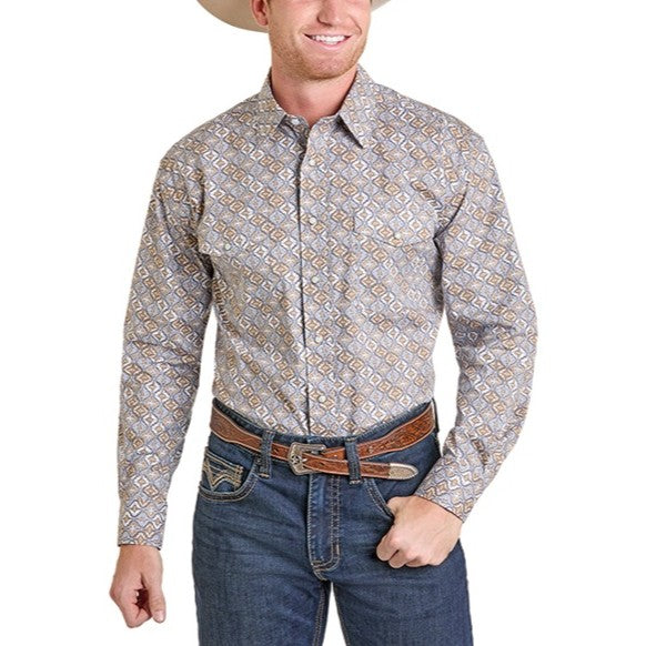 Rock & Roll Light Grey Geo Print Men's Western Snap SMN2S07415