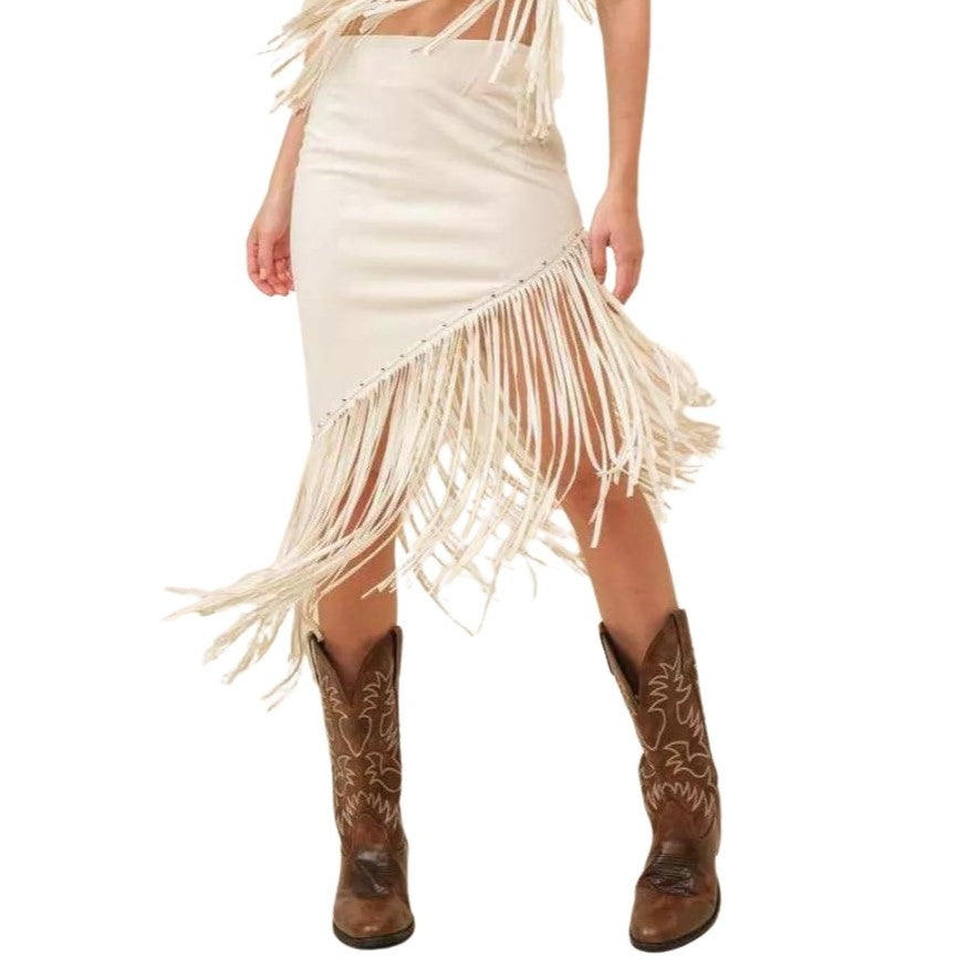 Mainstrip Suede Fringe Asymmetrical Midi Women s Skirt LS40441