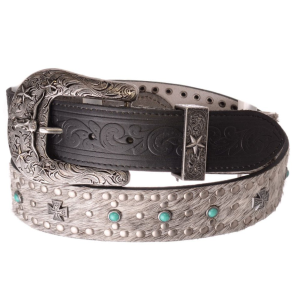 Kamberley Cross Stud Leather Black Calf Hair Belt 6091 Kamberley Cross Stud Leather Black Calf Hair Belt 6091