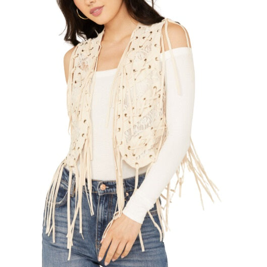 Vocal Lace Fringe Eyelet Women's Vest Y3051V
