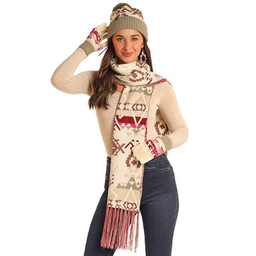 Rock & Roll Southwest Print Cream Scarf Set BU47X05635
