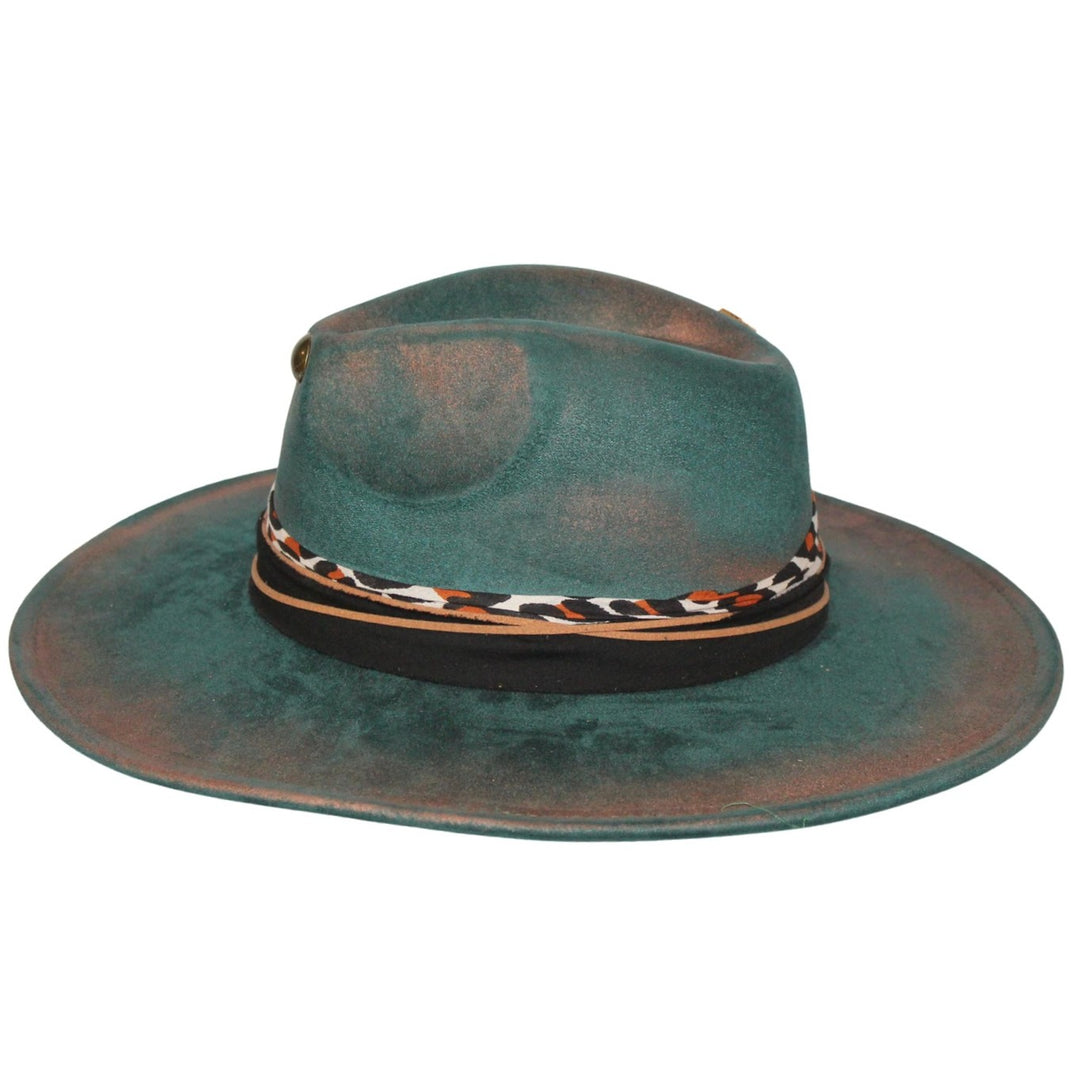Betsy Simmons Teal Cooper Leather Feather Flat Brim