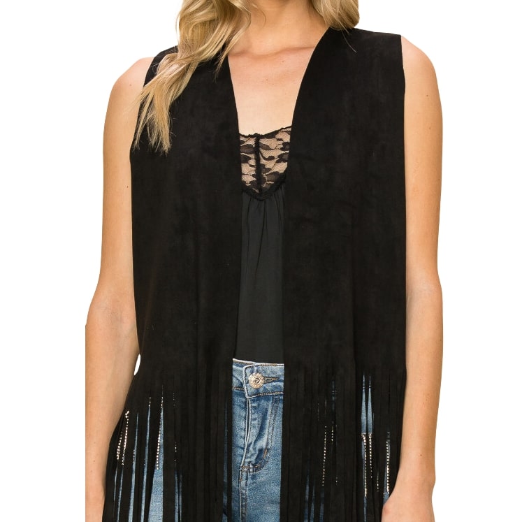 Vocal Black Sueded Long Fringe Women's Vest 20247V