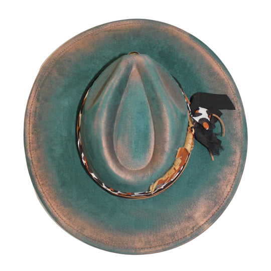 Betsy Simmons Teal Cooper Leather Feather Flat Brim