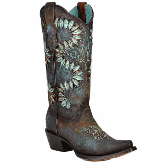 Corral Brown and Turquoise Floral Embroidered Boot C3879