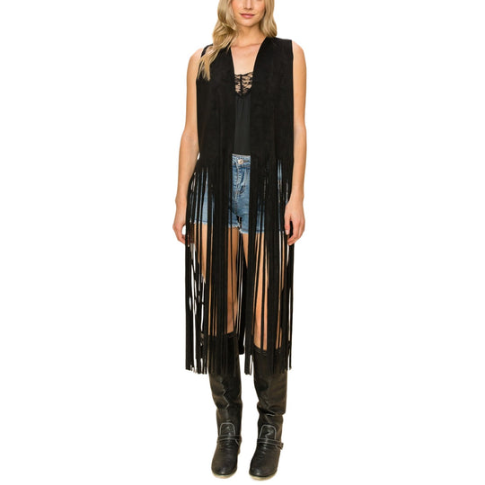 Vocal Black Sueded Long Fringe Women's Vest 20247V