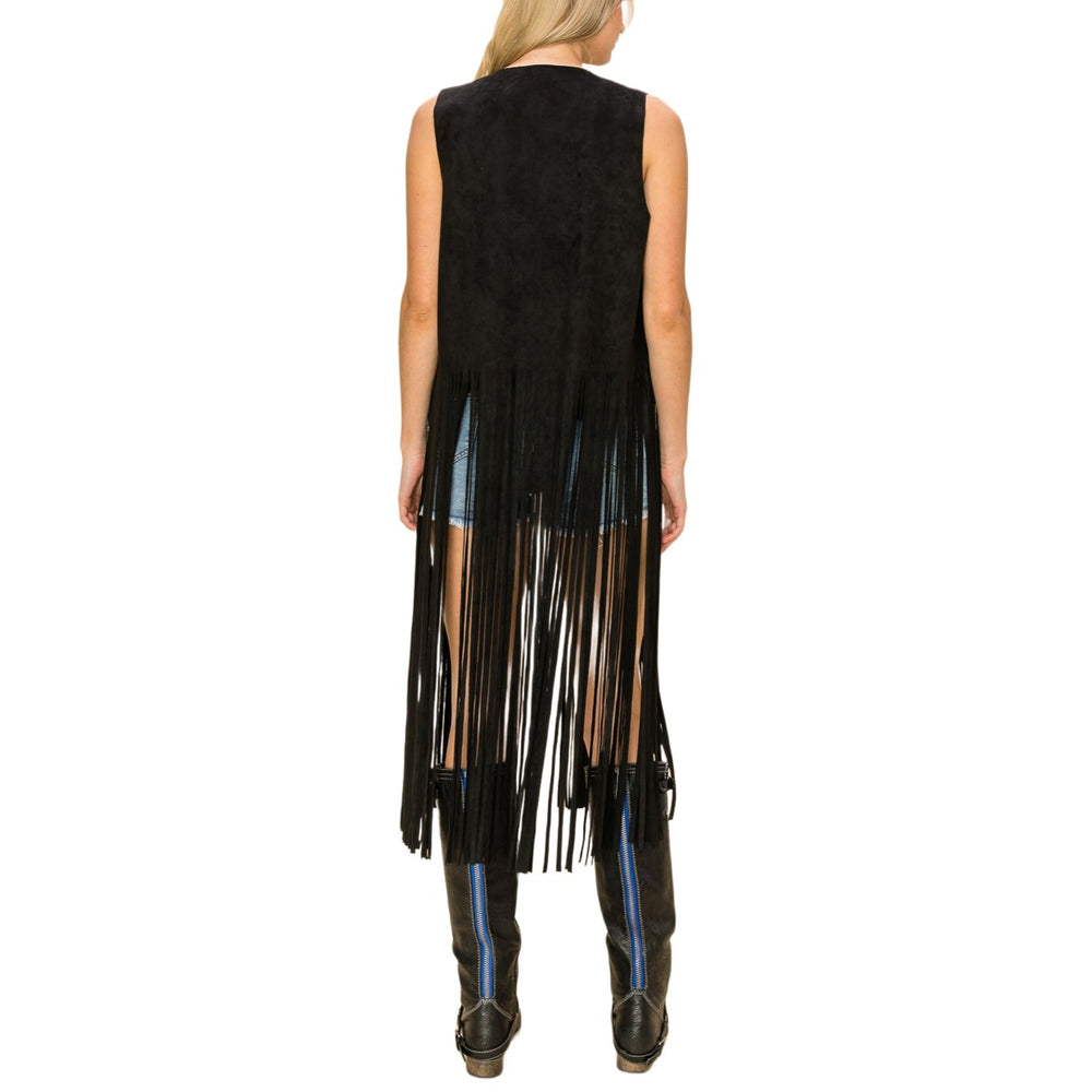Vocal Black Sueded Long Fringe Women's Vest 20247V