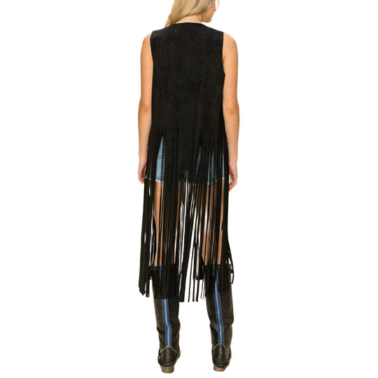 Vocal Black Sueded Long Fringe Women's Vest 20247V