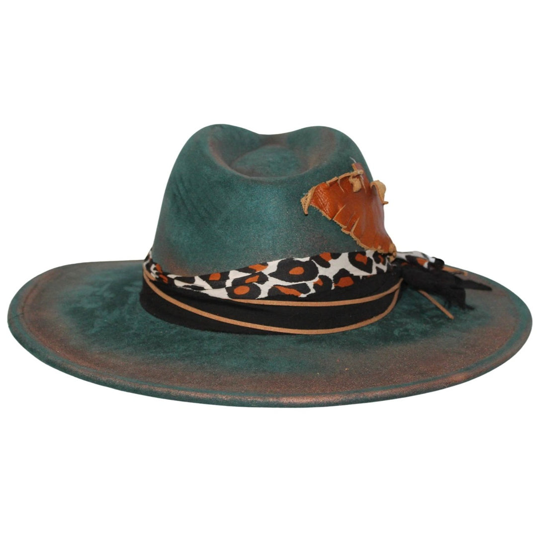 Betsy Simmons Teal Cooper Leather Feather Flat Brim