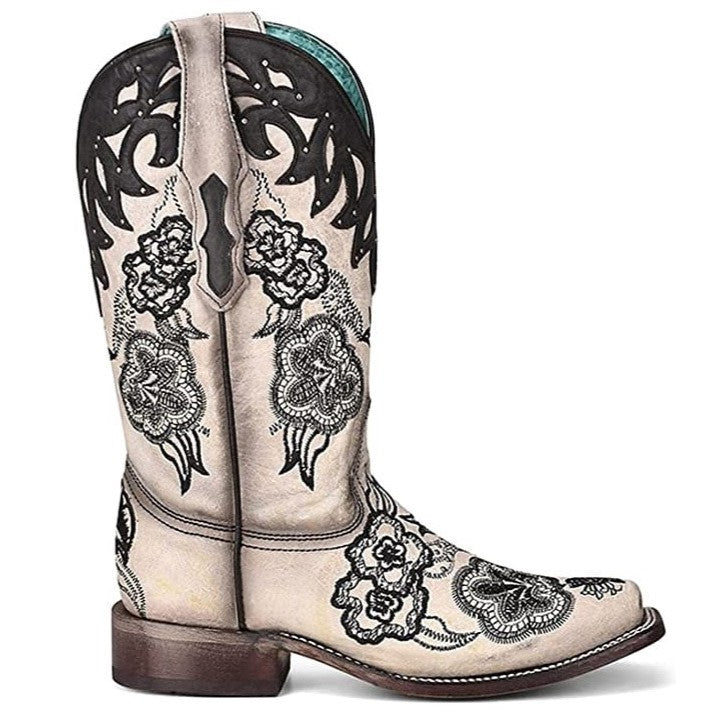Corral White and Black Floral Embroidery Women's Bootie A4159