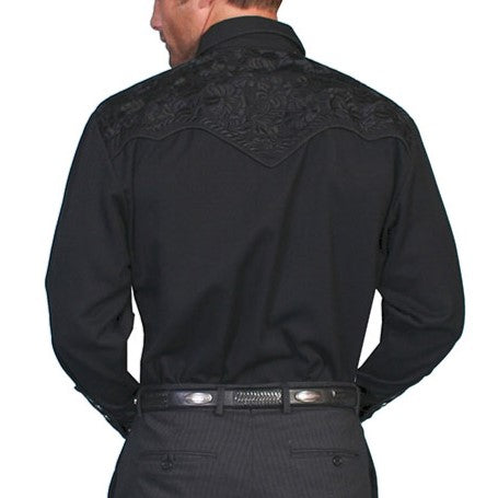 Scully Floral Tooled Jet Black Men's Western Snap P634 – Wild