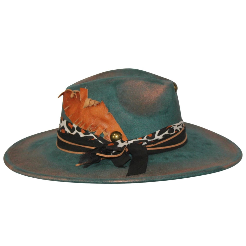 Betsy Simmons Teal Cooper Leather Feather Flat Brim