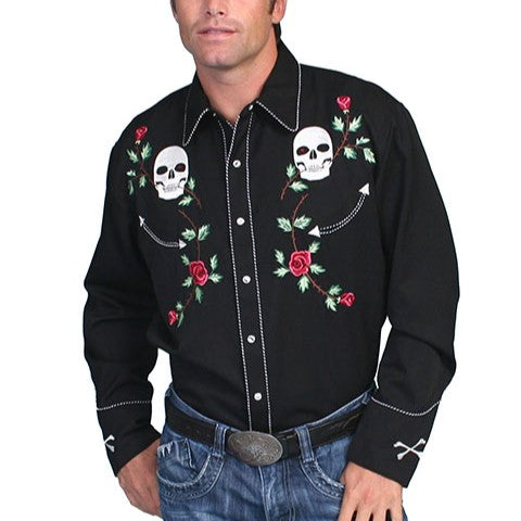 Scully Skull and Roses Retro Men's Button Up P771