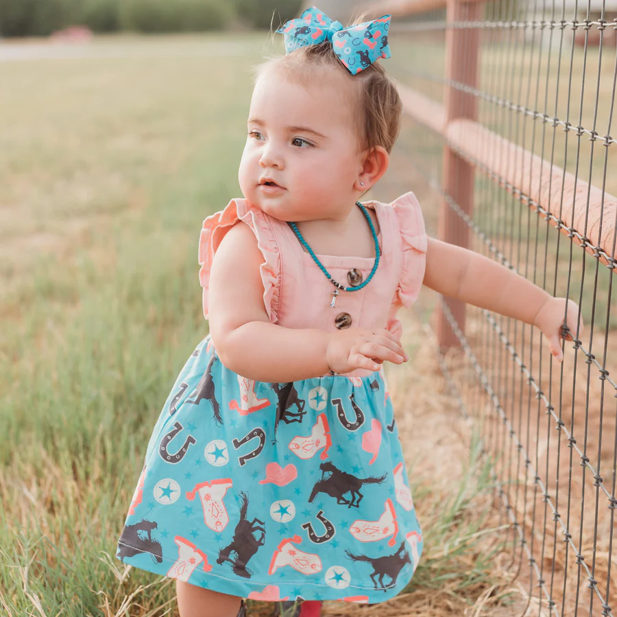 Shea Baby Pink Denim and Turquoise Girl's Dress SDR17