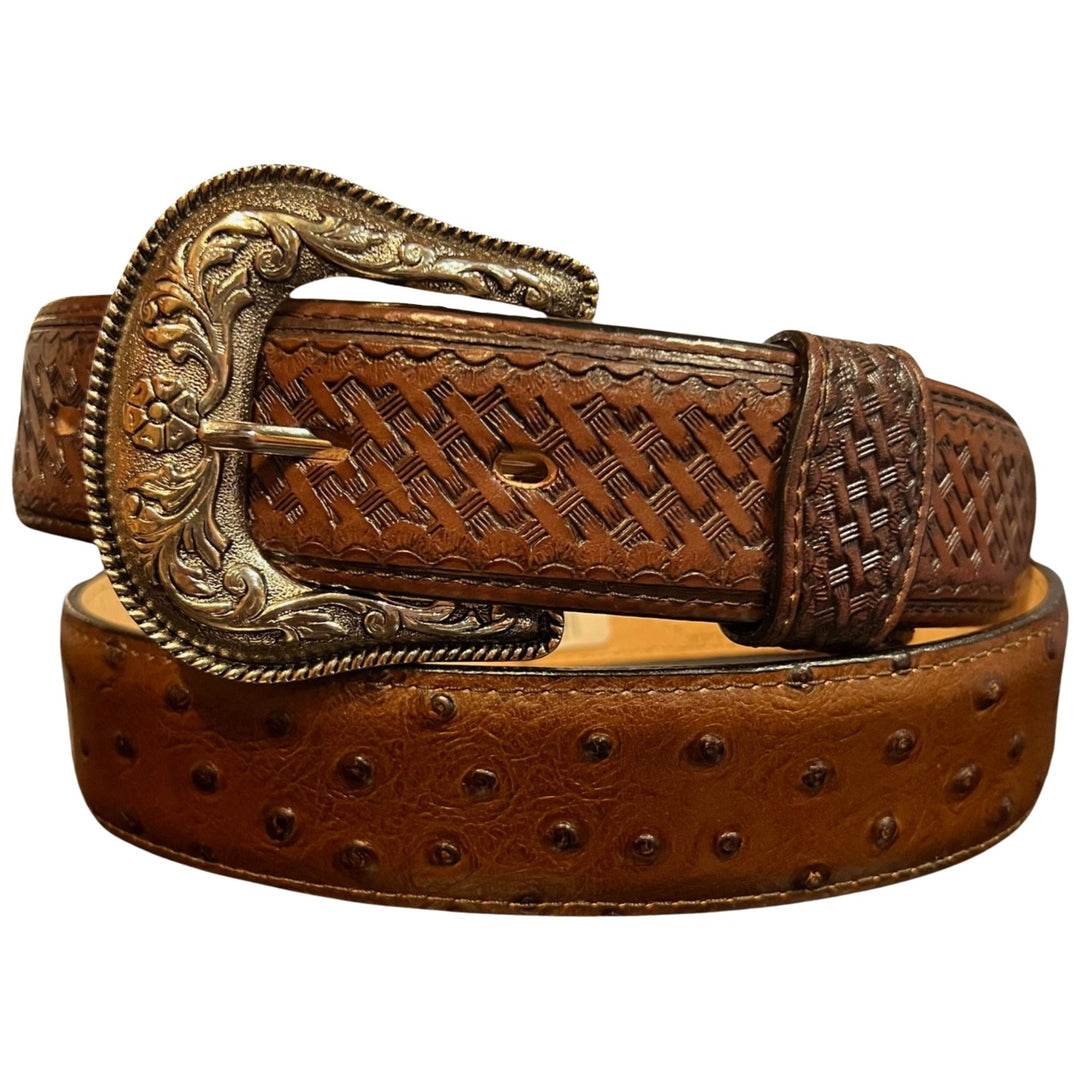Jaac Arnold Ostrich Print Billet Brown Belt 8215