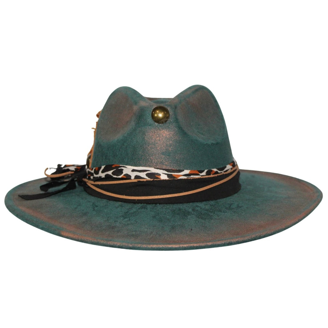 Betsy Simmons Teal Cooper Leather Feather Flat Brim