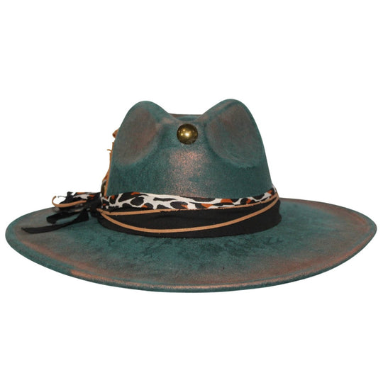 Betsy Simmons Teal Cooper Leather Feather Flat Brim