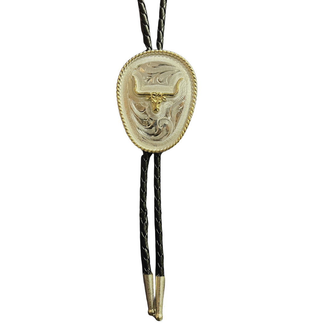 Blue Bayou Silver and Gold Longhorn Oval Bolo Tie AC54P
