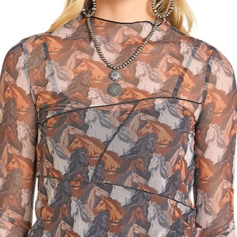 Rock & Roll Horse Print Mesh Women's Top BW22T07474