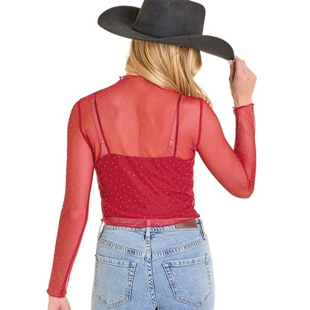 Rock & Roll Mesh Rhinestone Scarlett Women's Top BW22T07809