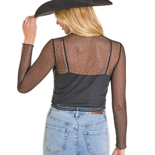 Rock & Roll Mesh Rhinestone Black Women's Top BW22T07809