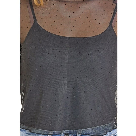 Rock & Roll Mesh Rhinestone Black Women's Top BW22T07809