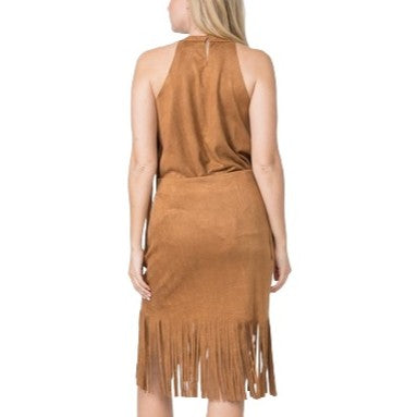 Vocal Suede Fringe Midi Camel Women's Skirt IM2008SK