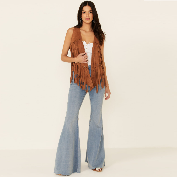 Vocal Eyelet Fringe Camel Women's Vest IM0653V