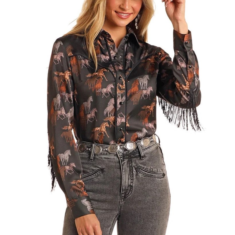 Rock&Roll Horse Print Satin Women's Button Up BWN2S05430