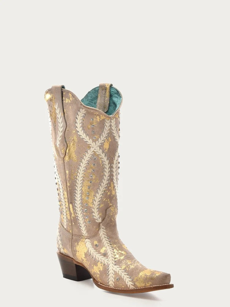 Corral Women's Tan Boots with White Embroidery and Gold Touches Z5246