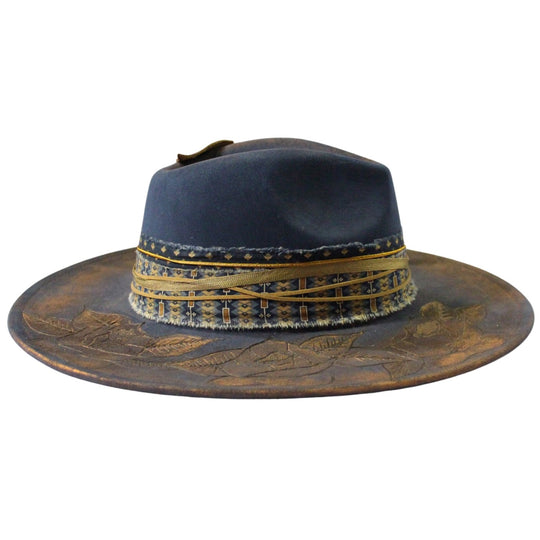 Betsy Simmons Blue Antique Rose Wool Flat Brim