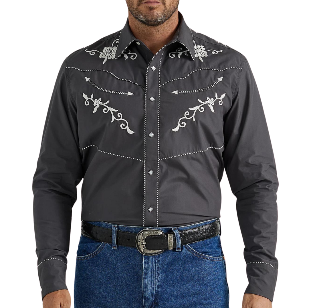 Wrangler White Embroidered Charcoal Men's Button Up 2345061