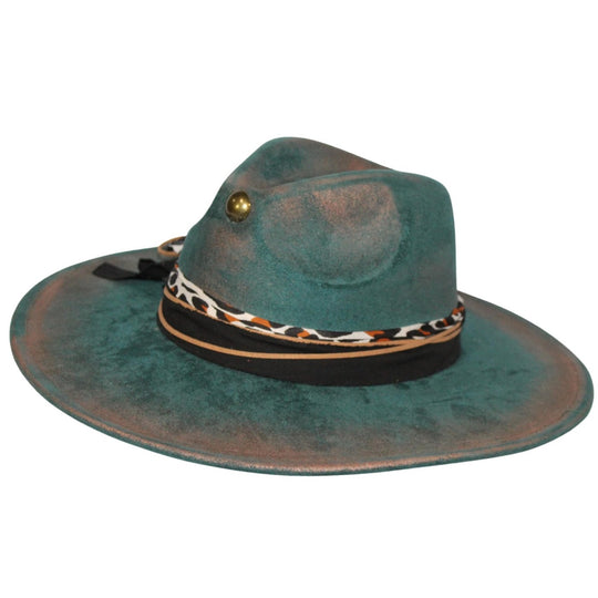 Betsy Simmons Teal Cooper Leather Feather Flat Brim