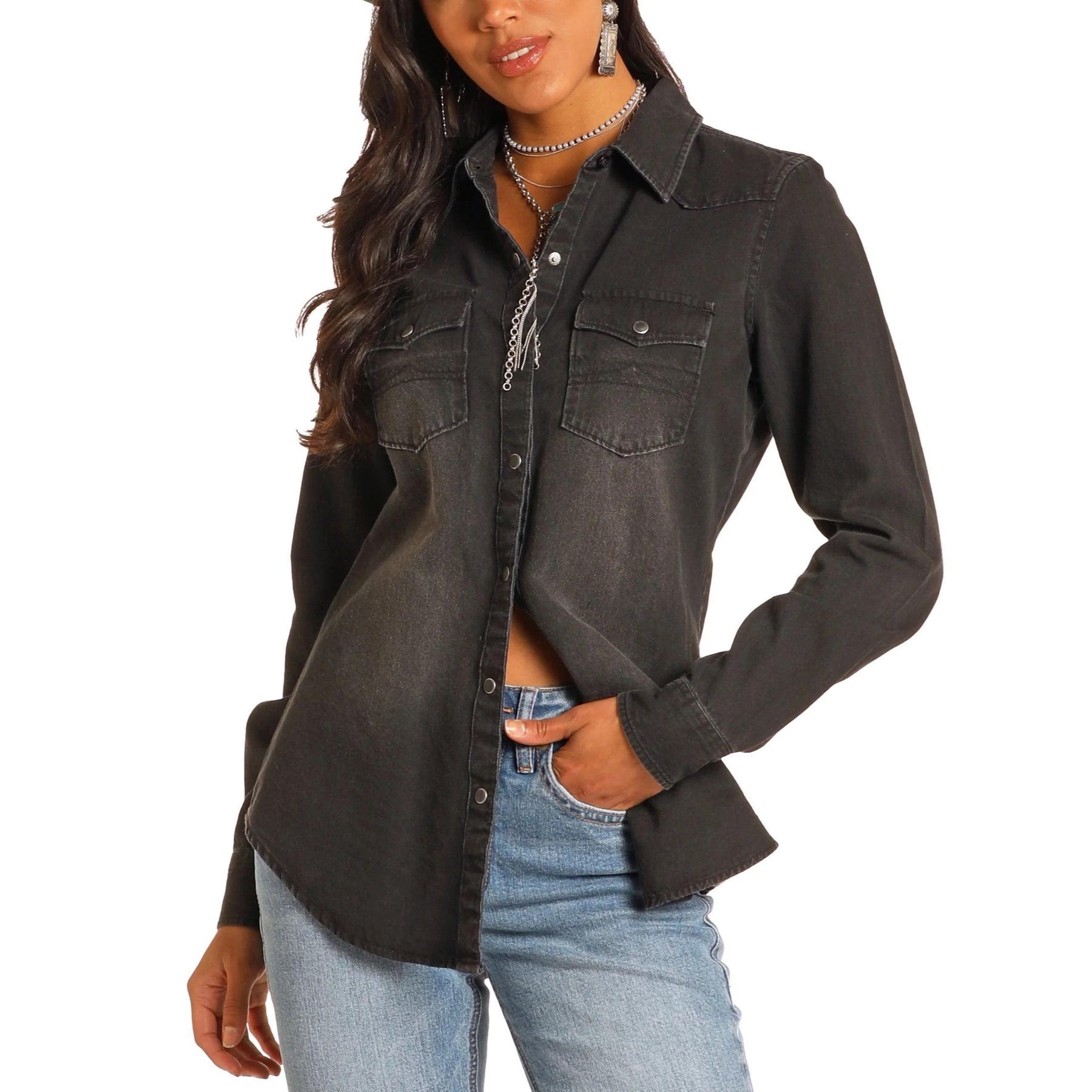 Rock Roll Black Denim Women's Button Up BWN2S03703