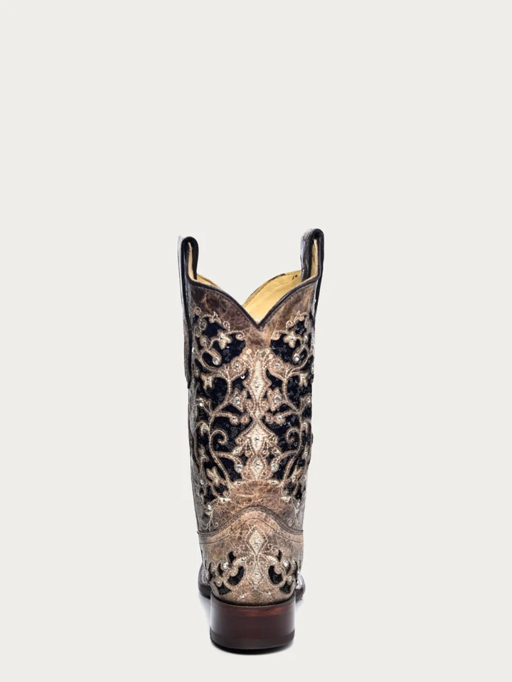 Corral Women's Black Glitter Inlay Floral Overlay with Crystals Boot A3648