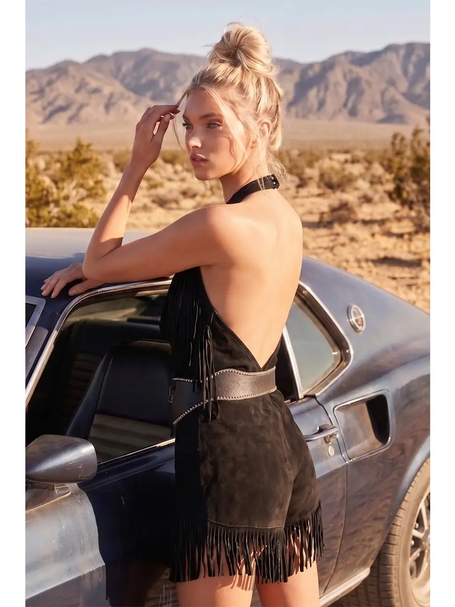 Wisteria Lane Fringed Suede Romper - Black W4444RIA