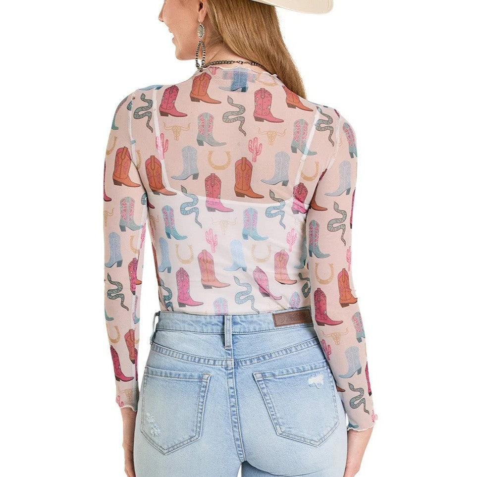 Rock & Roll Boot Print Mesh Women’s Top BW22T08126