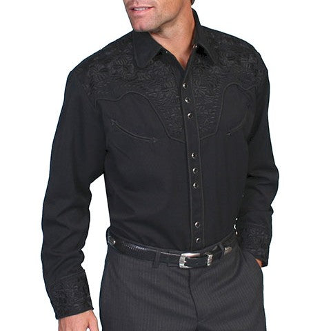Scully Floral Tooled Jet Black Men's Button Up P634