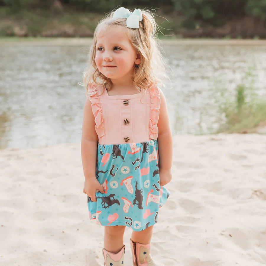 Shea Baby Pink Denim and Turquoise Girl's Dress SDR17