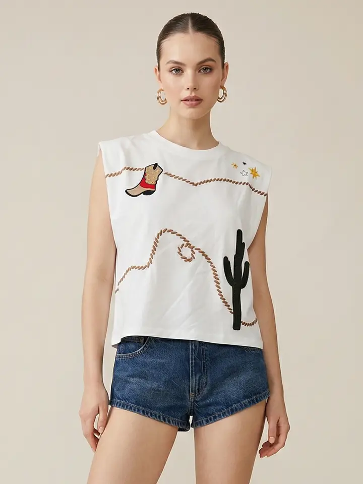 Taelynn Sleeveless Muscle Top with Western Embroidery WT77228T