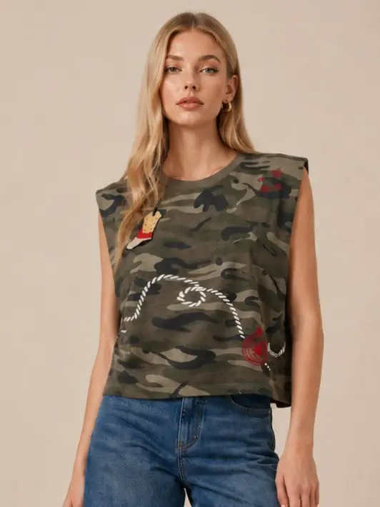 Taelynn Sleeveless Embroidery Camo Print Top ZT50258T-