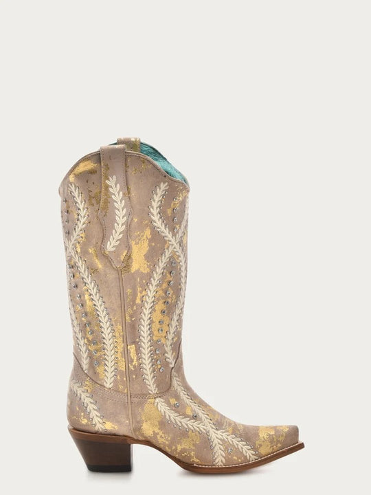 Corral Women's Tan Boots with White Embroidery and Gold Touches Z5246