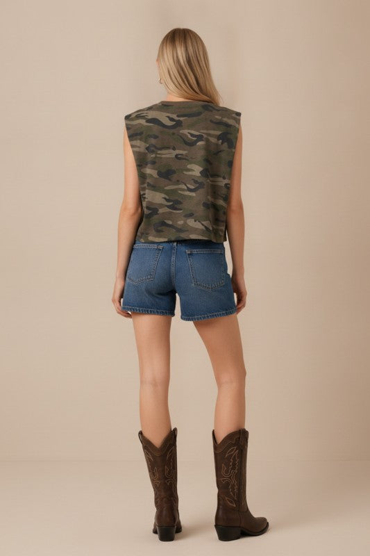 Taelynn Sleeveless Embroidery Camo Print Top ZT50258T-