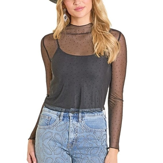 Rock & Roll Mesh Rhinestone Black Women's Top BW22T07809