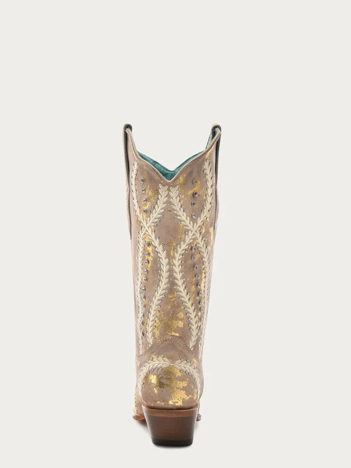 Corral Women's Tan Boots with White Embroidery and Gold Touches Z5246
