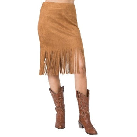 Vocal Suede Fringe Midi Camel Women's Skirt IM2008SK